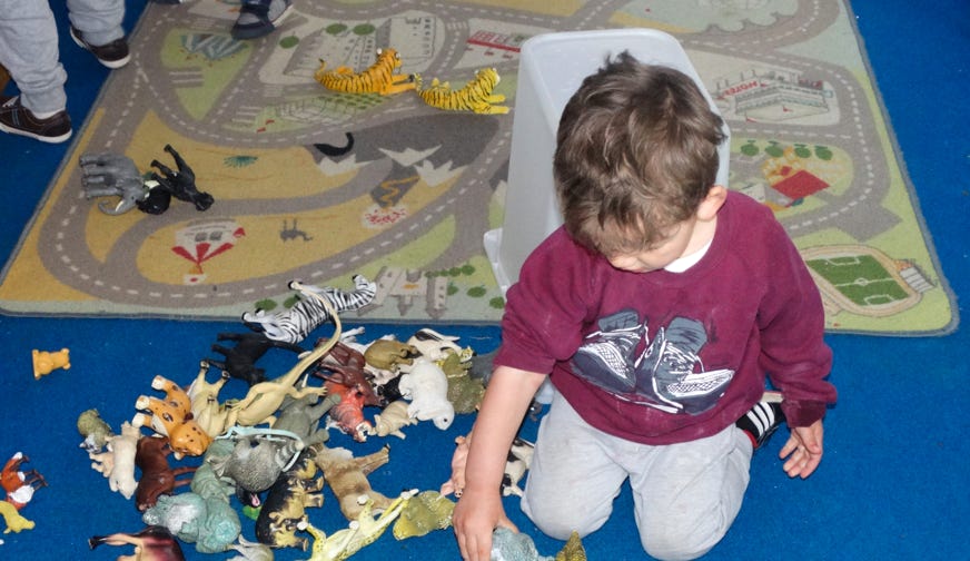 Photo a boy playing on floor in Dragonfies with toy animals at Longscroft Nursery